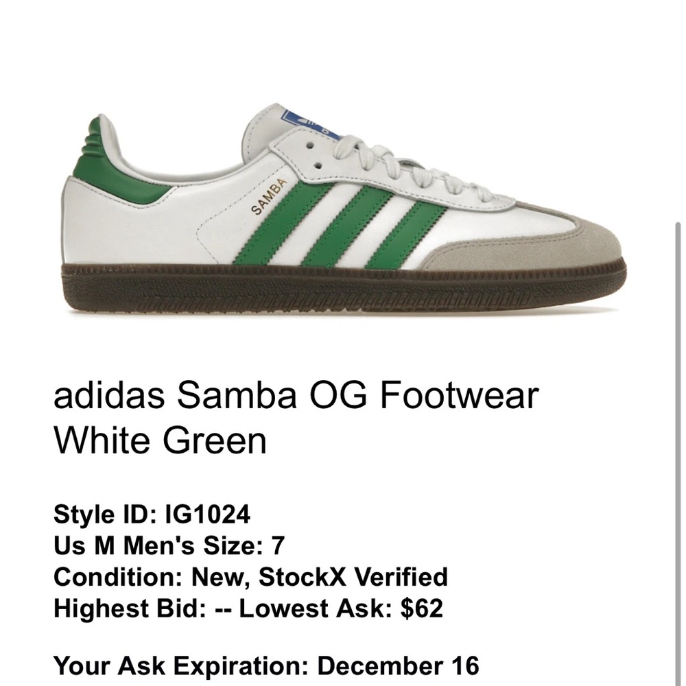 Brand new Adidas Sambas. White & Green. Purchased from StockX